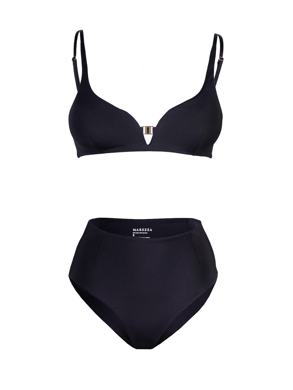 Ligeia Top de bikini con pinzas y aros en V en negro metalizado