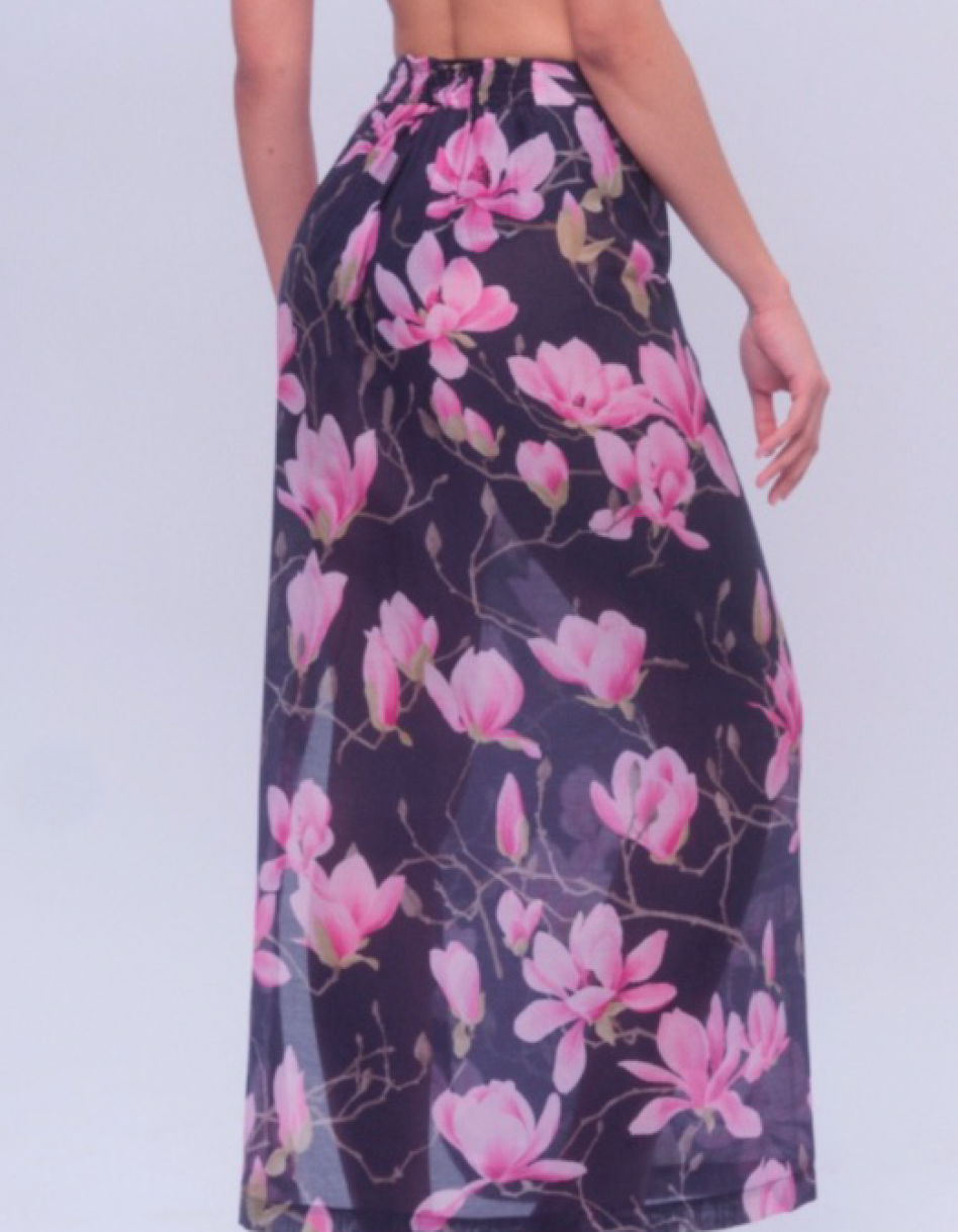 Dark Navy Maxi Skirt with Artisan Pink Magnolia Blossom Print