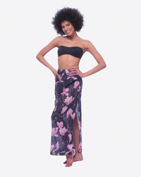 Dark Navy Maxi Skirt with Artisan Pink Magnolia Blossom Print
