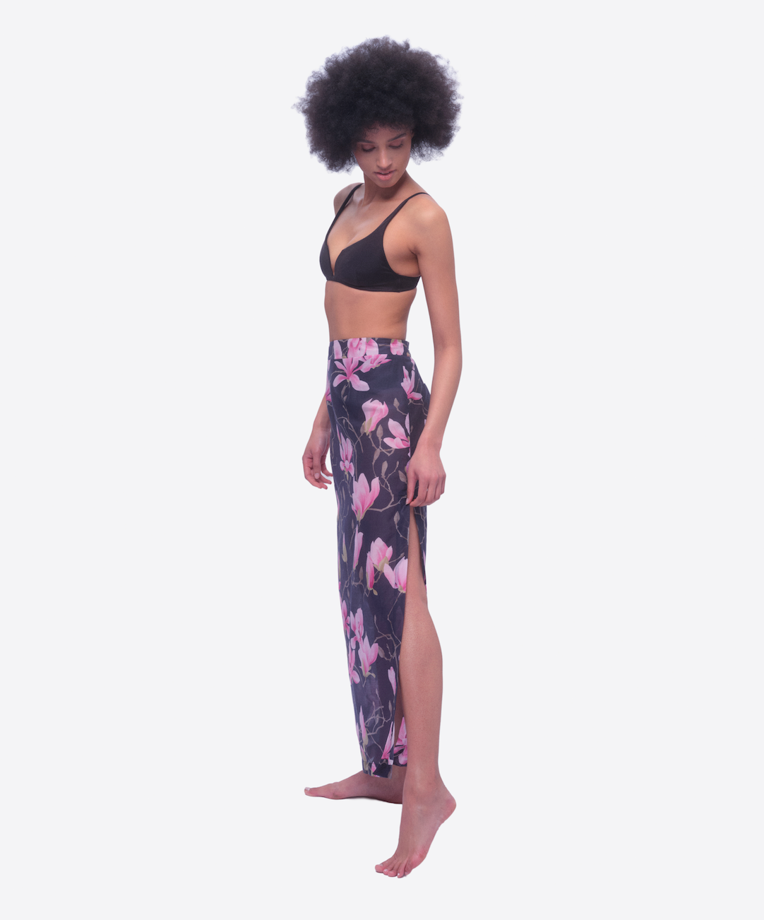 Dark Navy Maxi Skirt with Artisan Pink Magnolia Blossom Print
