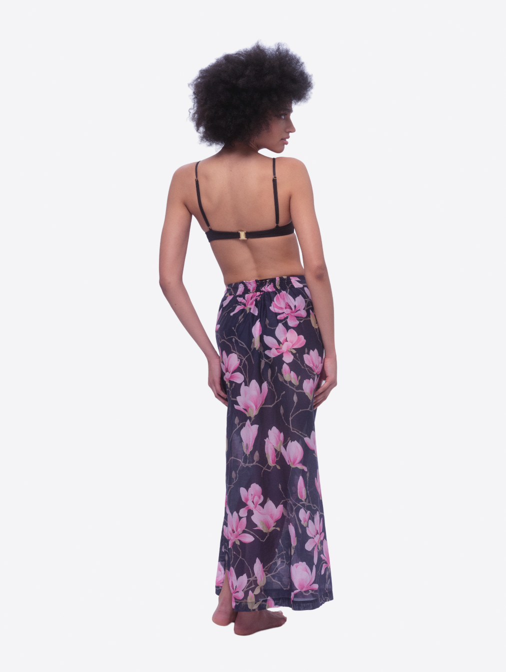 Dark Navy Maxi Skirt with Artisan Pink Magnolia Blossom Print