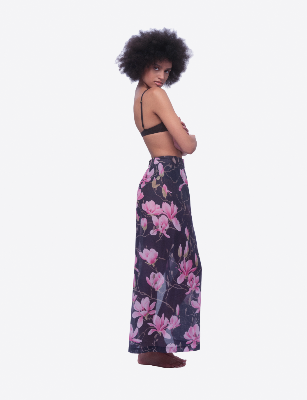 Dark Navy Maxi Skirt with Artisan Pink Magnolia Blossom Print