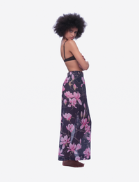 Dark Navy Maxi Skirt with Artisan Pink Magnolia Blossom Print