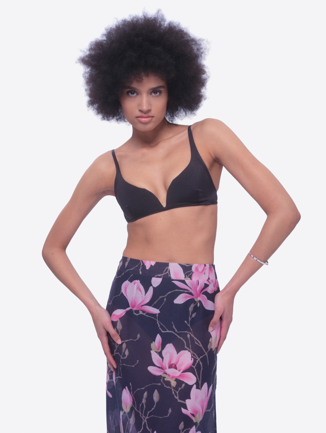 Dark Navy Maxi Skirt with Artisan Pink Magnolia Blossom Print