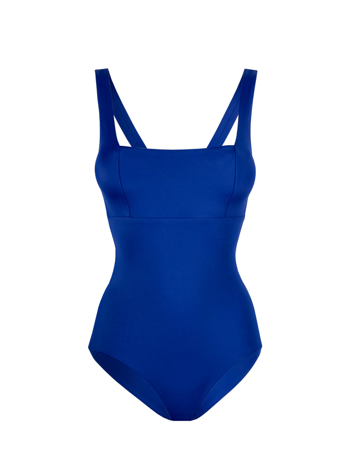 Traje de baño de una pieza con escote cuadrado y tirantes anchos en azul marino